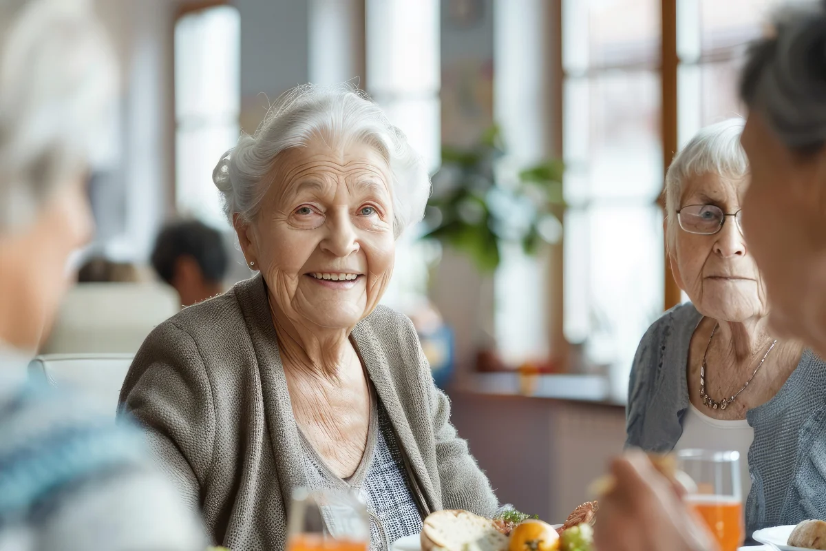 Vier ältere Damen frühstücken und genießen die Gemeinschaft